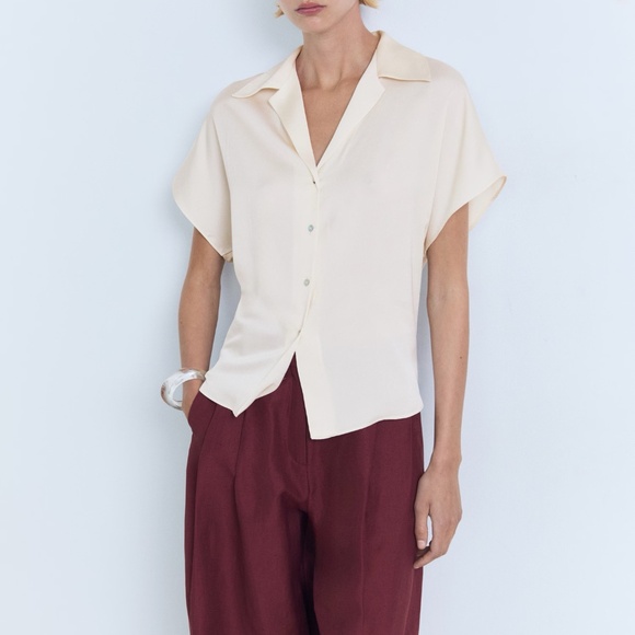 New w/Tags Mango Short Sleeved Satin Shirt Ivory XL - Picture 1 of 8